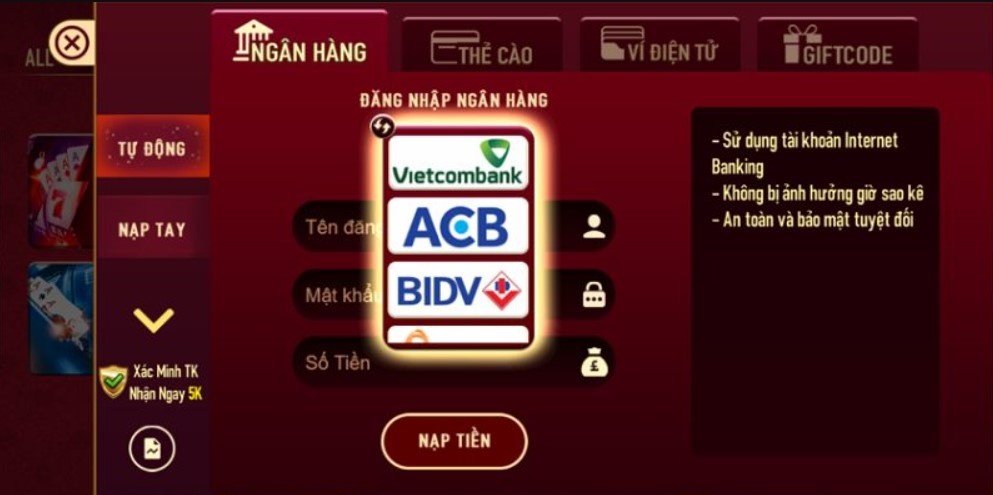 Nạp tiền 77Win thông qua chuyển khoản ngân hàng Việt